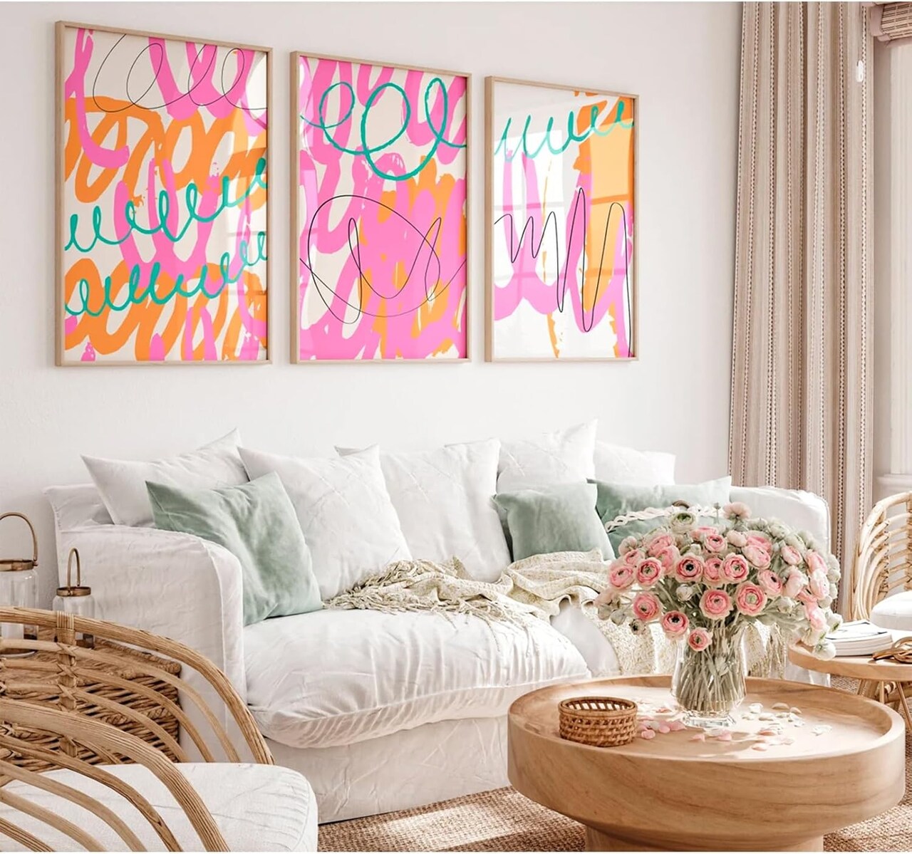 Bright Pink Pictures Wall Art Abstract Colorful Canvas Wall Decor Modern Graffiti Wall Art Preppy Line Poster Orange Trendy Prints Painting Pink Abstract Artwork for Room 16x24 Inch Unframed Set of 3